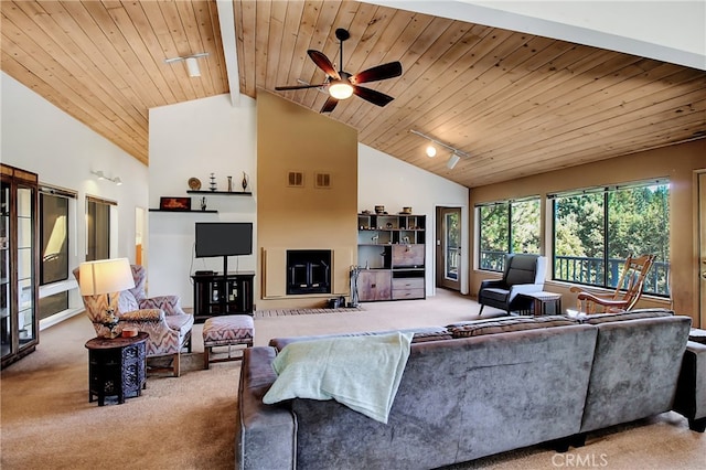 living room with ceiling fan, wood ceiling, beam ceiling, high vaulted ceiling, and light carpet