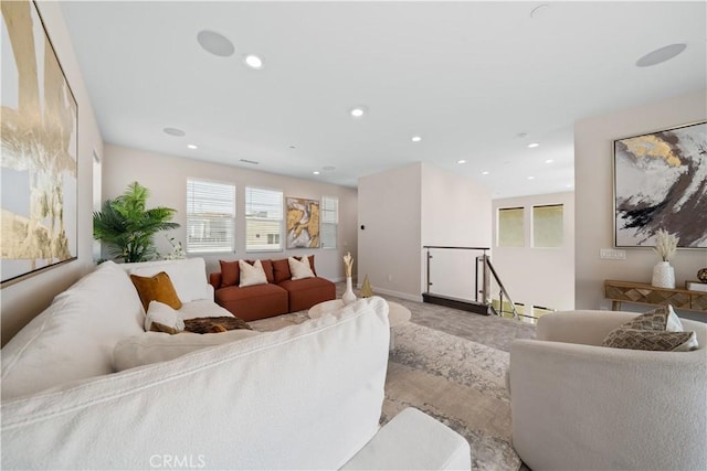 living room featuring light colored carpet