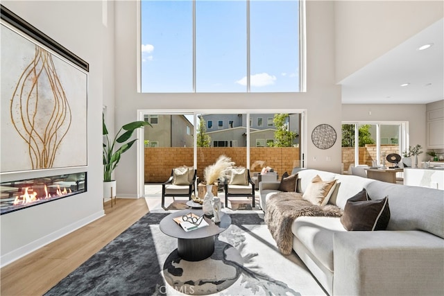 living room with a high ceiling and light hardwood / wood-style flooring