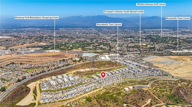 birds eye view of property featuring a mountain view