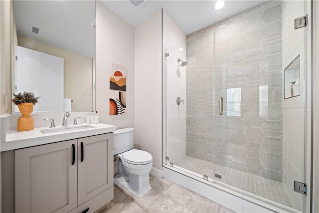 bathroom featuring tile patterned floors, vanity, toilet, and an enclosed shower