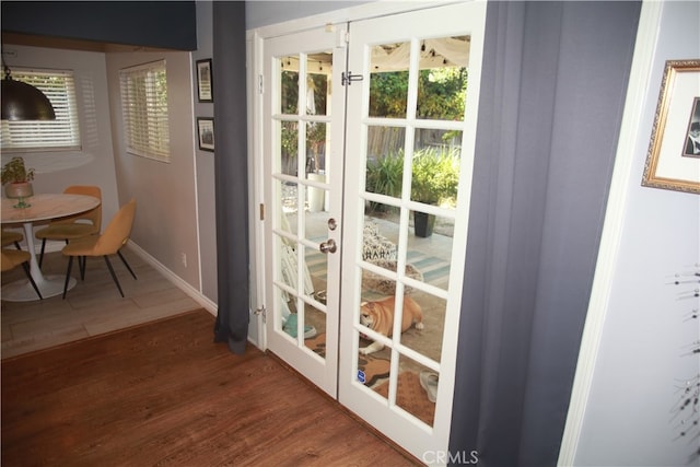 doorway to outside featuring french doors, dark wood-type flooring, and a wealth of natural light