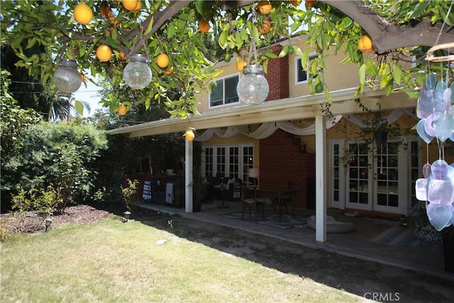 back of house with a lawn and a patio area