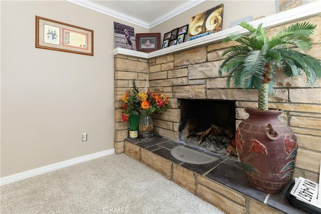 interior details with carpet, crown molding, and a fireplace