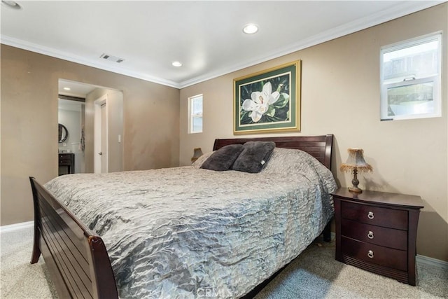 carpeted bedroom with crown molding