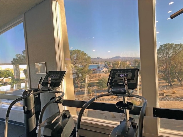 workout area with a mountain view and a wealth of natural light