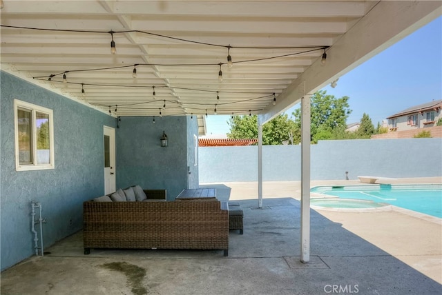 view of patio with a fenced in pool and an outdoor living space