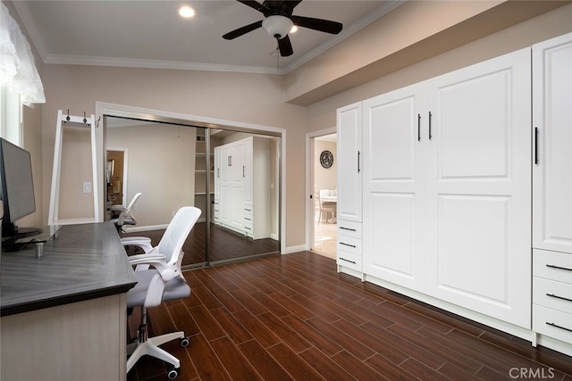 home office featuring ornamental molding, dark hardwood / wood-style floors, ceiling fan, and lofted ceiling