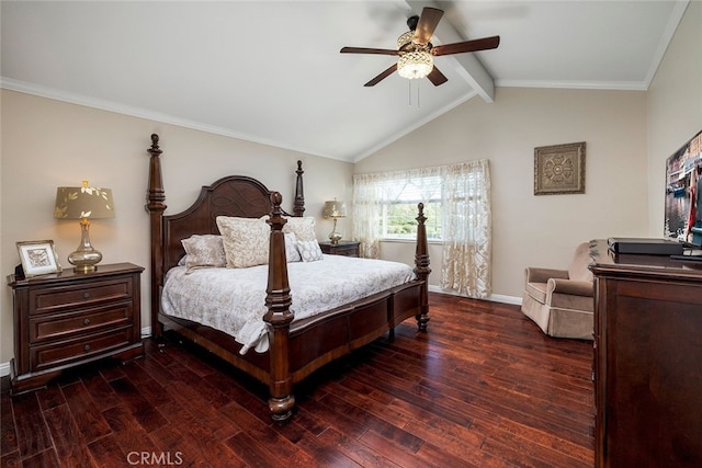 bedroom with lofted ceiling with beams, ceiling fan, dark wood-type flooring, and ornamental molding