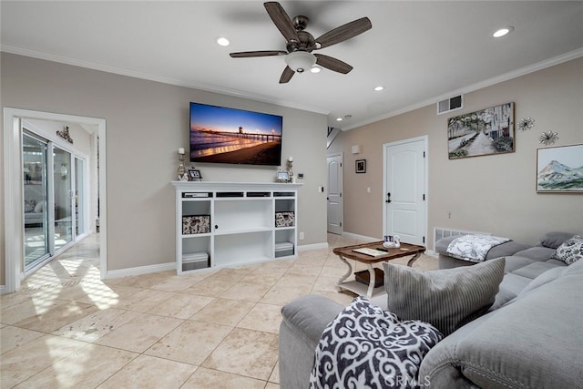 living room featuring ceiling fan, crown molding, and light tile patterned floors