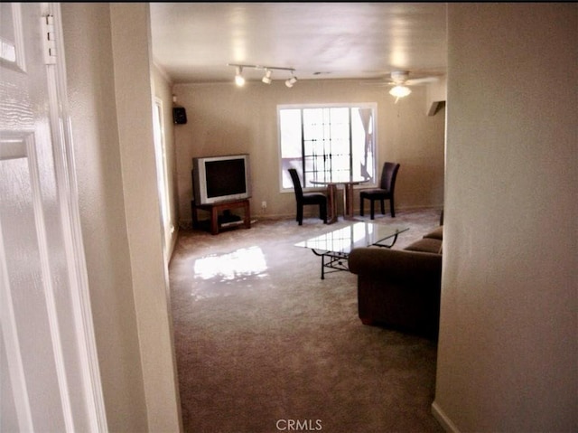 living room with carpet flooring, ceiling fan, and track lighting