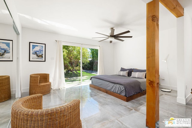 bedroom featuring ceiling fan and access to exterior