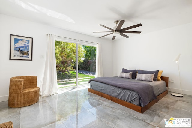 bedroom featuring access to exterior and ceiling fan