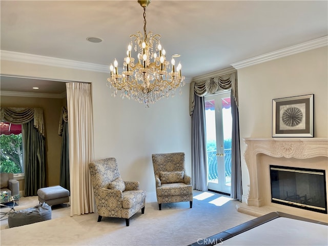 living area featuring a fireplace, french doors, carpet floors, crown molding, and an inviting chandelier