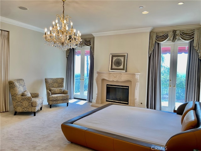 bedroom with carpet flooring, access to outside, and multiple windows