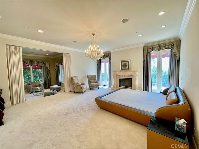 carpeted bedroom with crown molding, access to exterior, and a notable chandelier