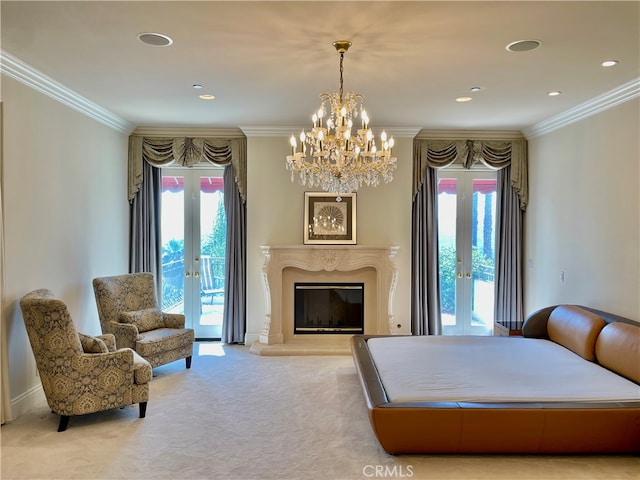 carpeted bedroom featuring french doors, ornamental molding, a fireplace, and access to exterior