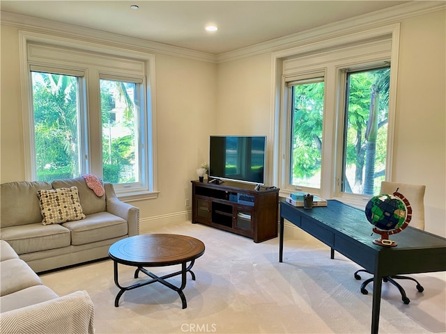 living room featuring crown molding and light colored carpet