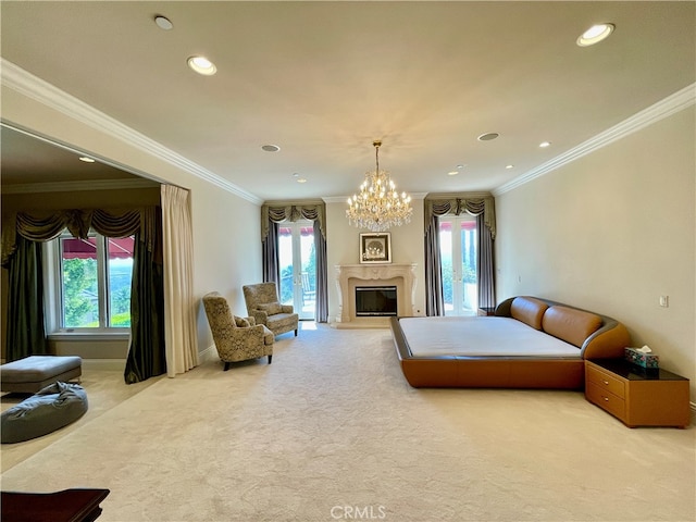 carpeted living room with a wealth of natural light, ornamental molding, and a notable chandelier