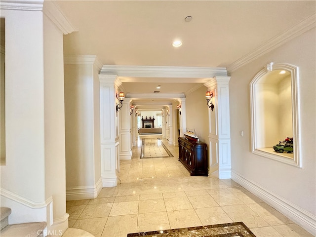 corridor featuring ornamental molding, decorative columns, and light tile patterned flooring