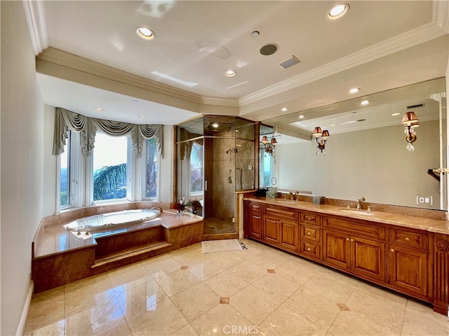 bathroom featuring vanity, crown molding, and shower with separate bathtub