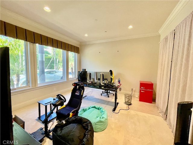 workout room with crown molding and light colored carpet