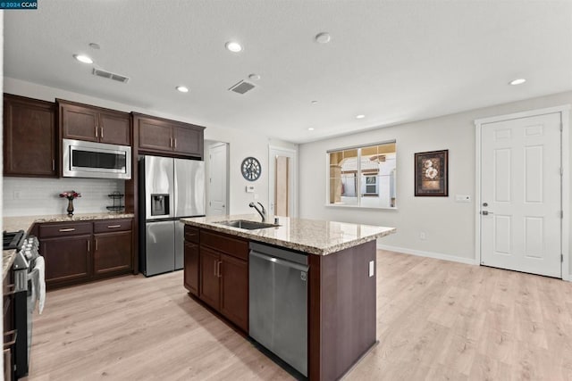 kitchen featuring sink, tasteful backsplash, a center island with sink, appliances with stainless steel finishes, and light wood-type flooring