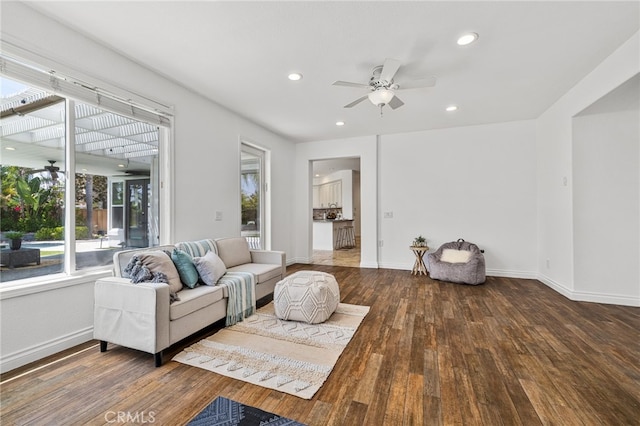 living room with ceiling fan and hardwood / wood-style floors