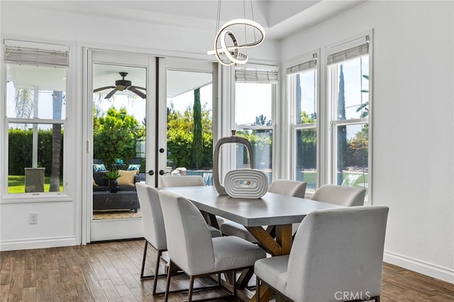 dining area featuring a wealth of natural light, ceiling fan, and dark hardwood / wood-style floors