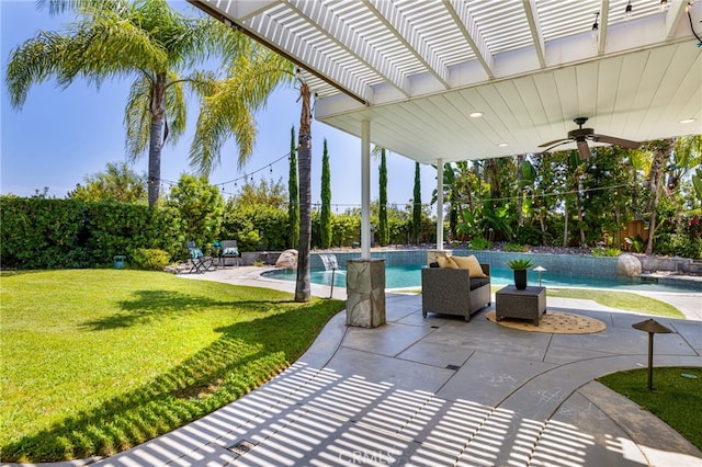 view of patio featuring a pergola, ceiling fan, and pool water feature