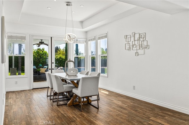 dining room with a raised ceiling, dark wood-type flooring, and french doors