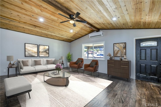 living room with dark wood-type flooring, vaulted ceiling with beams, ceiling fan, wood ceiling, and a wall unit AC