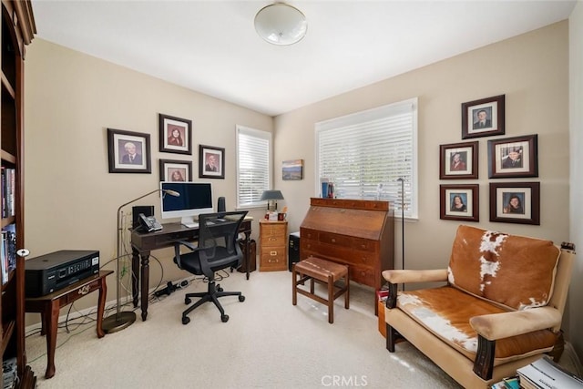 office featuring light colored carpet and a baseboard heating unit