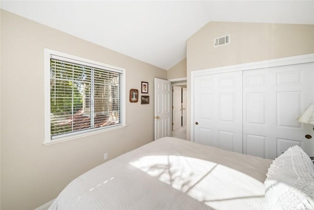 bedroom with vaulted ceiling and a closet