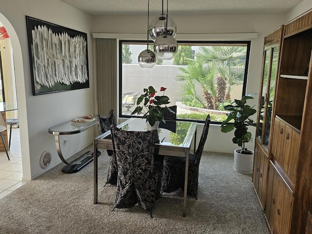 dining area featuring plenty of natural light, carpet floors, and a textured ceiling