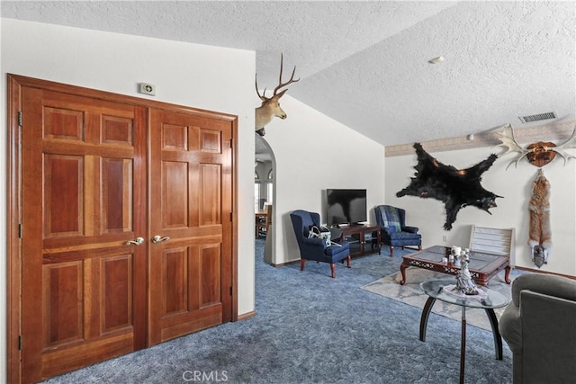 carpeted living room with a textured ceiling and vaulted ceiling