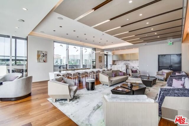 living room featuring light hardwood / wood-style flooring and a tray ceiling