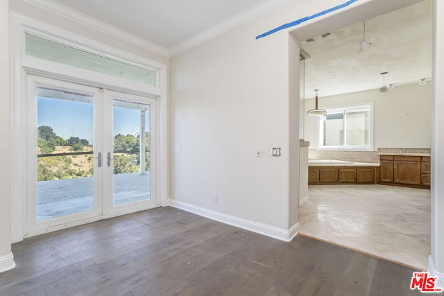 interior space featuring french doors, dark hardwood / wood-style floors, crown molding, and a healthy amount of sunlight