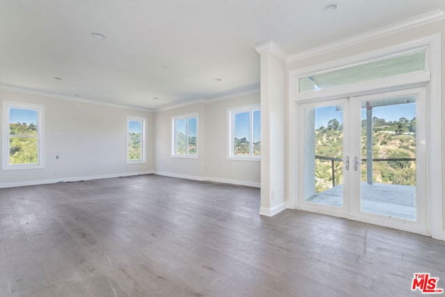 interior space with crown molding, french doors, and hardwood / wood-style flooring