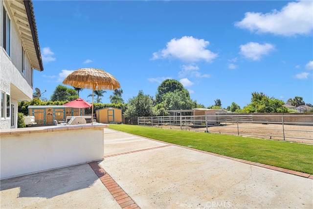 view of patio / terrace featuring a storage shed