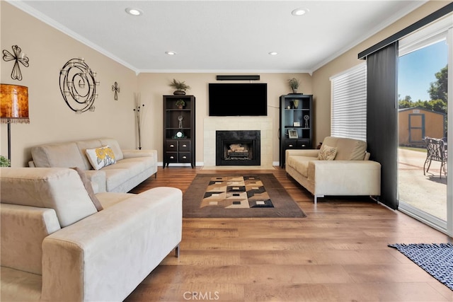 living room featuring wood-type flooring and crown molding