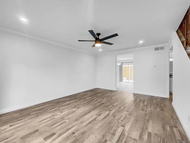 unfurnished room with ceiling fan, ornamental molding, and light wood-type flooring