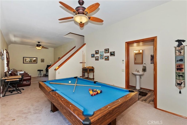 game room with ceiling fan, carpet, and pool table