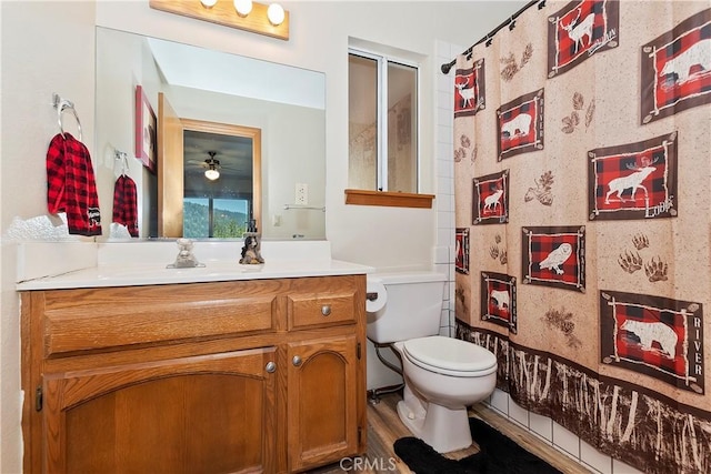 bathroom with vanity, hardwood / wood-style flooring, toilet, and walk in shower