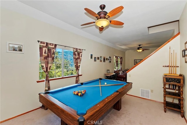 rec room featuring ceiling fan, light carpet, and billiards