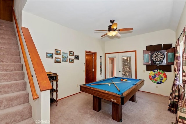 playroom featuring ceiling fan, light carpet, pool table, and french doors