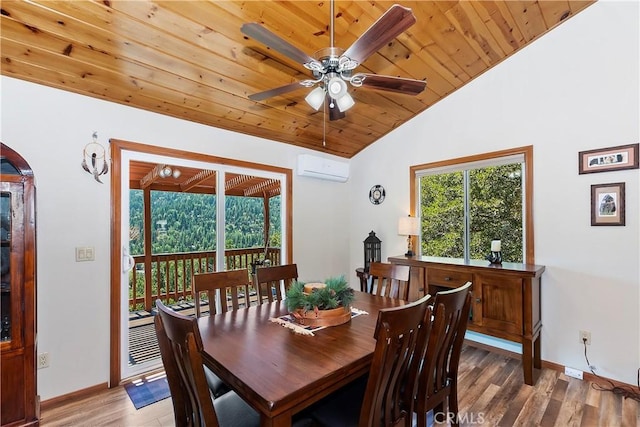 dining room with a wall mounted air conditioner, vaulted ceiling, ceiling fan, hardwood / wood-style flooring, and wooden ceiling