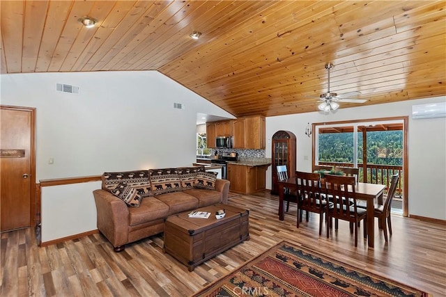 living room featuring wood ceiling, a wall unit AC, ceiling fan, high vaulted ceiling, and light hardwood / wood-style floors