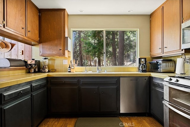 kitchen with range, tasteful backsplash, dark hardwood / wood-style flooring, and stainless steel dishwasher