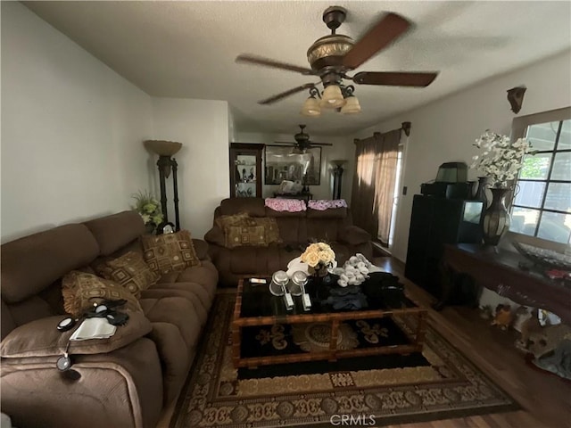 living room with ceiling fan and hardwood / wood-style floors